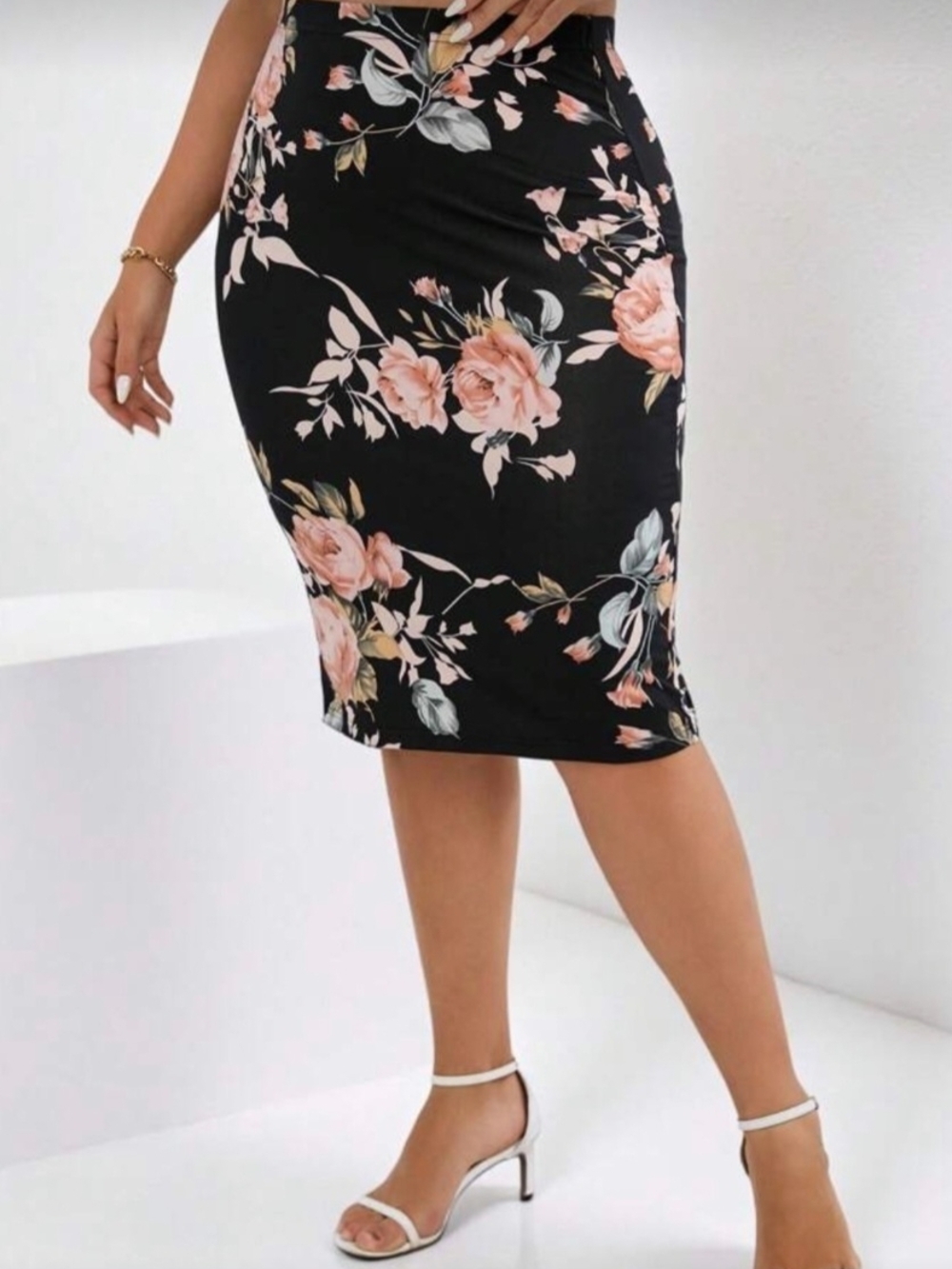 Black Pencil Skirt with Pink Floral Print